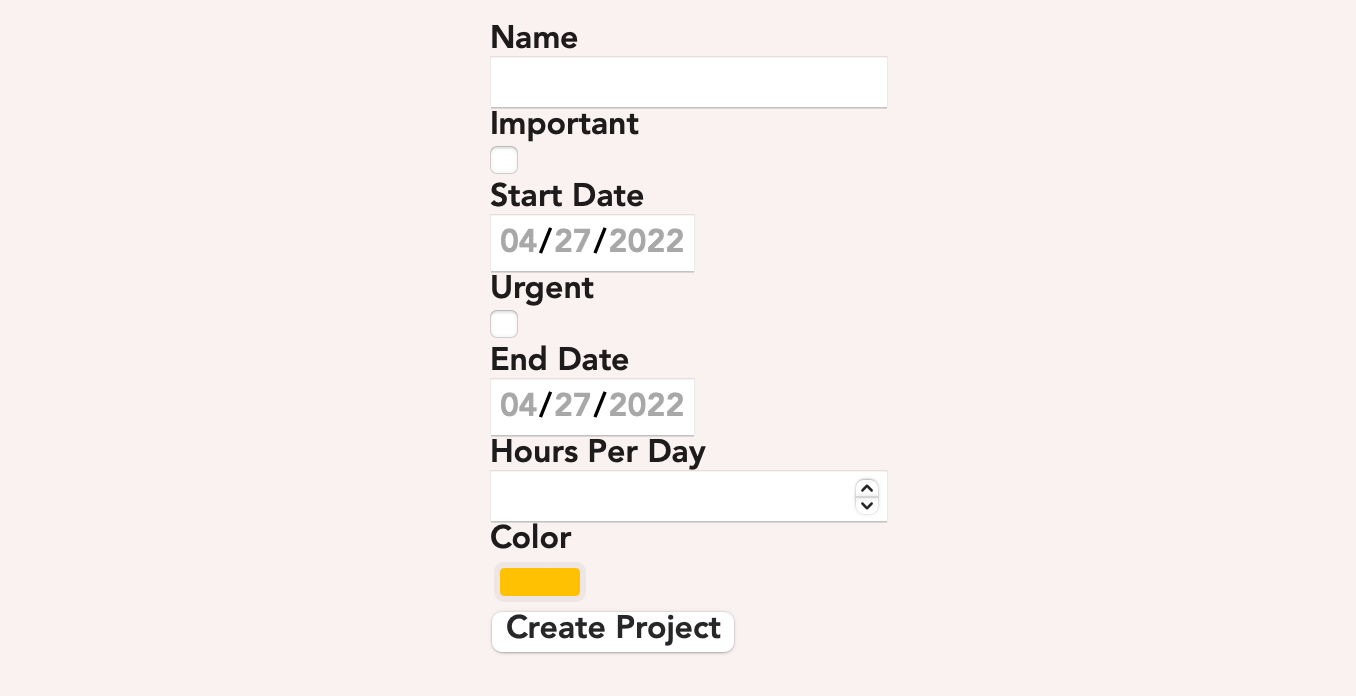 an unstyled form for creating projects that includes the field Hours Per Day
